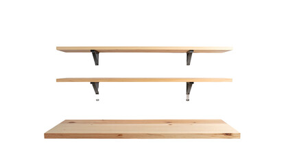 Three wooden shelves, presented against a black background. Each shelf has metal brackets. The wood has a natural grain
