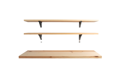 Three wooden shelves, presented against a black background. Each shelf has metal brackets. The wood has a natural grain