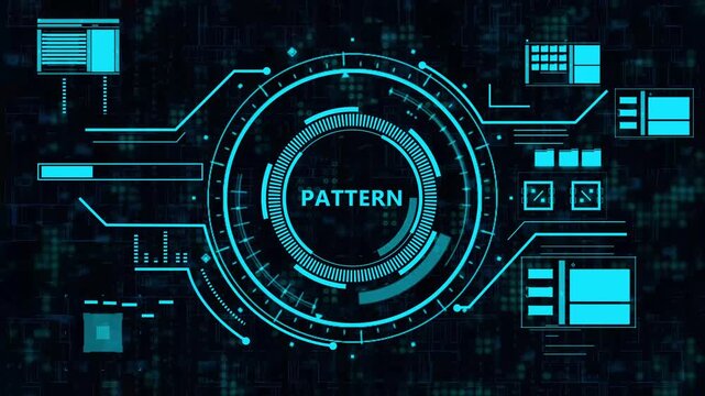 A complex high-tech motion graphic featuring a glowing cyan HUD interface with rotating circular elements, progress bars, and data visualization panels.Futuristic neon blue head-up display