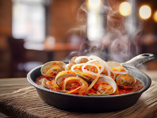 Buttery Garlic Steamed Clams in iron pan.