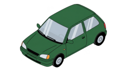 Isometric green compact hatchback car – small urban vehicle illustration ideal for city driving, student transport, car‑sharing, rentals, ride‑hailing apps, navigation graphics, and eco‑friendly mobil