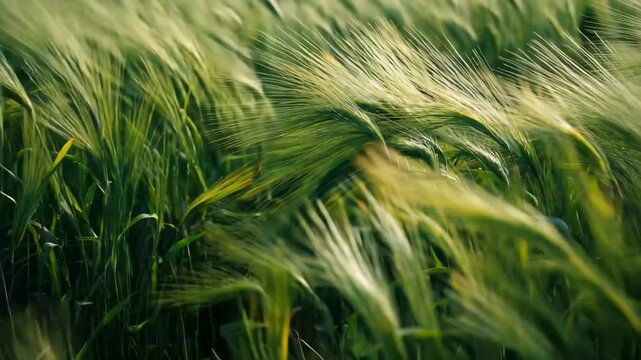 A vast field of vibrant green wheat swaying gently in the breeze under a clear blue sky.