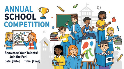 Annual school competition poster with diverse students engaging in various activities like painting, reading, and sports, showcasing talents and fun