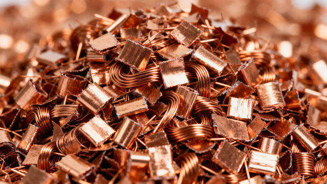 Close-Up View of Shiny Copper Scrap Metal Shavings and Wire Coils for Recycling