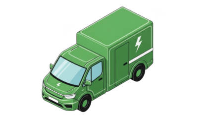 Isometric green electric delivery van with lightning bolt symbol – eco‑friendly logistics vehicle graphic perfect for last‑mile delivery, courier services, green mobility, and sustainable transport br