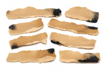 Torn paper fragments with burned edges and ash, brown texture pieces for scrapbooking, vintage design element