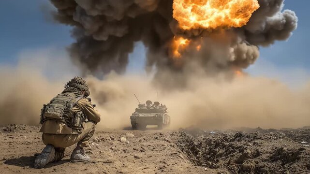 soldiers walk through a smoky field, their silhouettes partially obscured by the swirling smoke around them.