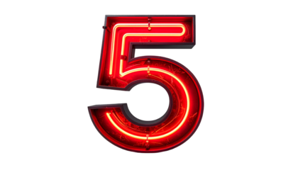 Illuminated numeral "5" features red neon glow, outlined by dark textured casing. Isolated against solid black backdrop