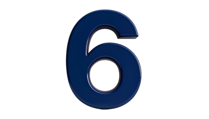 A 3D rendered, navy blue number six floats against a stark black backdrop. The numeral has a glossy finish with subtle shadows