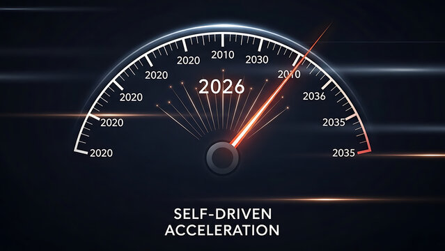 A futuristic speedometer with glowing red needle and 2024 display