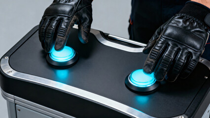 Hands in black gloves pressing blue light buttons on sleek electronic device