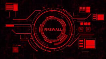 firewall security hud  animation.High-tech dashboard interface displays a firewall breach alert, showing unauthorized access, digital threat indicators, and cybersecurity warning signals - Powered by Adobe