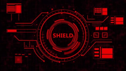 futuristic sci-fi hud user interface screen with glowing shield text and digital data,high-tech cyberpunk holographic background with geometric circles and security defense elements. - Powered by Adobe