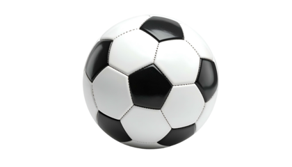 A close-up shot of a classic soccer ball, featuring its distinct black and white pentagonal and hexagonal panel design. It is isolated on a black background