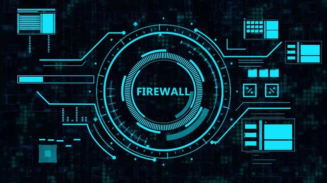 firewall security hud  animation.High-tech dashboard interface displays a firewall breach alert, showing unauthorized access, digital threat indicators, and cybersecurity warning signals