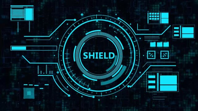 futuristic sci-fi hud user interface screen with glowing shield text and digital data,high-tech cyberpunk holographic background with geometric circles and security defense elements.