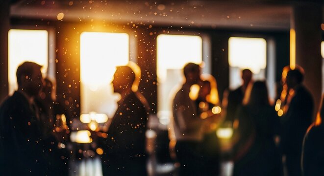 Silhouettes of people enjoying a festive indoor gathering illuminated by brilliant golden sunset light streaming inside
