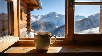 Steaming cup of hot coffee on wooden window sill with snowy mountain view background in winter cabin