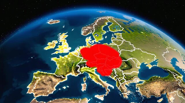 Satellite View of Europe with Poland Highlighted in Red on Earth Globe