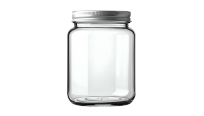 A close-up view of an empty, clear glass jar with a silver metal lid. It sits against a black background