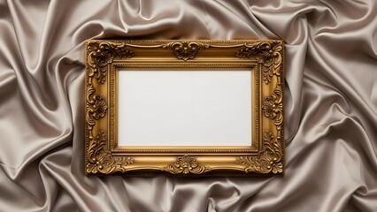 Ornate golden picture frame resting on luxurious draped satin fabric