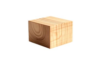 A close-up view presents a wooden cube against a stark black background. The wood's grain is visibly textured and detailed