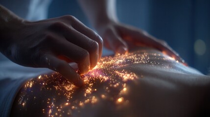 Physiotherapist applying trigger point therapy on a patient, glowing energy sparks highlighting muscle tension relief, focused hands, realistic skin and muscle detail, soft clinical lighting