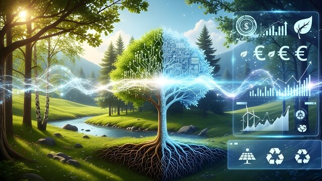 Futuristic nature and technology concept illustrating renewable energy flow, digital networks, and green innovation integration - Powered by Adobe