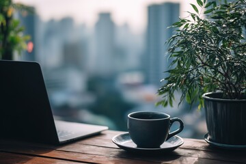 Home office desk by window with city view: laptop coffee and plant bright scene
