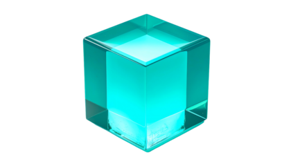 A translucent, glowing cyan cube floats against a solid black background. The geometric shape exhibits light refraction
