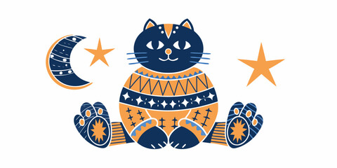 A cute cartoon cat wearing a sweater with a crescent moon and stars