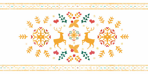 Festive reindeer snowflakes and floral elements in a symmetrical holiday design © Ratan