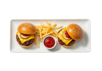 Delicious Mini Cheeseburgers and Golden French Fries Served with Ketchup