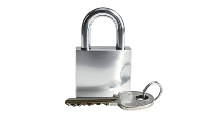 A shiny silver padlock and key rest against a dark backdrop. The lock's loop is arched, and the key rests ready to unlock