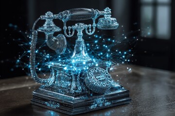Glowing wireframe vintage telephone - communication tech fusion with tech network node background
