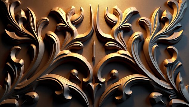 Intricate 3d luxury abstract ornament with metallic gold and dark grey tones, showcasing ornate scrollwork and floral motifs in a detailed bas-relief style.