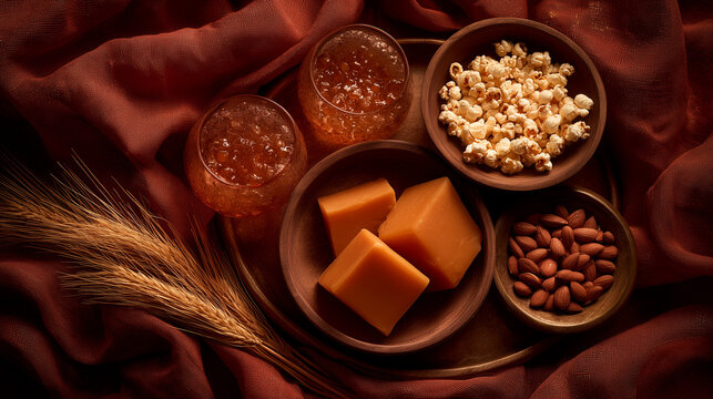 Lohri Festival, Warm Lohri festival setup with popcorn, jaggery cubes, almonds, and traditional drinks on earthy fabrics