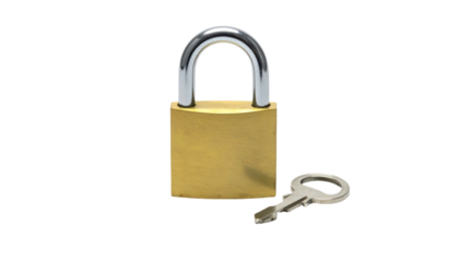 A shiny gold-colored padlock with a silver shackle sits next to a silver key. The items are isolated on a black background