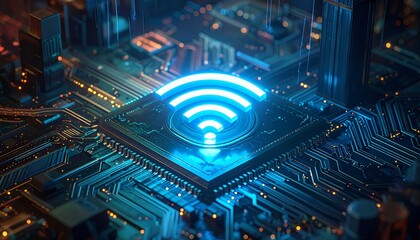 Futuristic CPU with glowing WiFi symbol, representing advanced wireless technology and connectivity in a digital world.