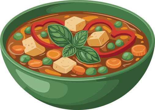 Green bowl showcases a flavorful vegetable soup vector on white background.