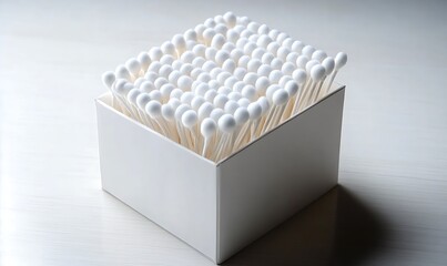 Close up of many white cotton swabs standing up in square container on table
