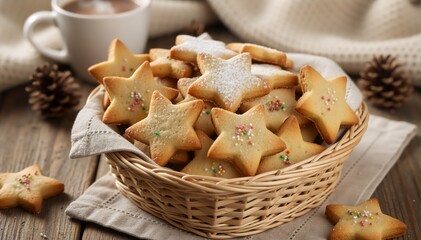 Star shaped Christmas cookies in a wicker basket on a wooden table. Homemade shortbread biscuits with powdered sugar and sprinkles. Cozy winter holiday baking concept