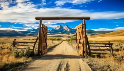 Rustic wooden entry archway leads down sunlit dirt lane toward mountains