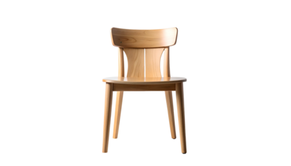A simple, natural wooden chair set against a stark black background. It appears well-crafted and minimalistic