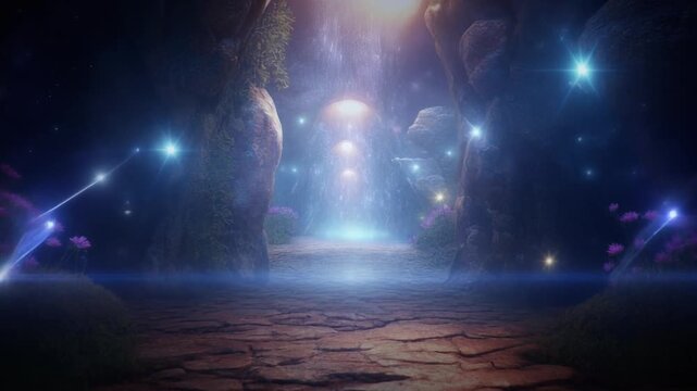 Mysterious glowing pathway leading into a cave with sparkling lights