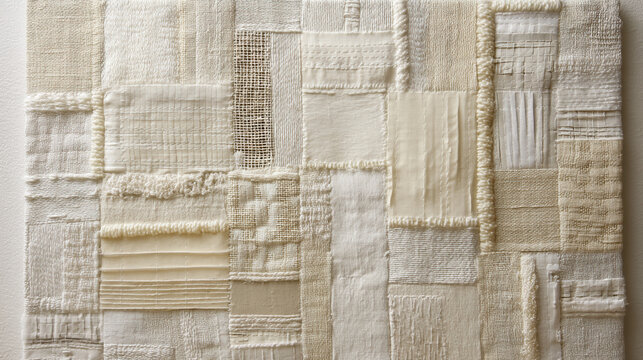 A minimalist Boro patchwork made entirely of different off-white and cream fabrics (linen, cotton, canvas), stitched with thick white thread,  beauty of texture.