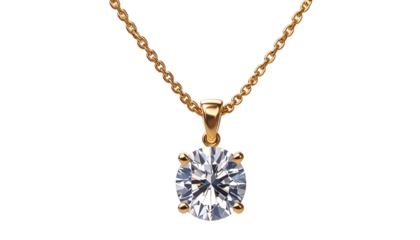 A close-up shot of a gold necklace with a sparkling, round-cut gemstone pendant, suspended against a black background