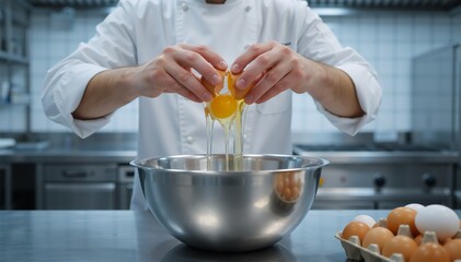 Chef cracking an egg into a stainless steel bowl in a professional kitchen. Close up of male cook hands preparing food ingredients for baking recipe