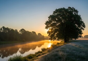 Majestic solitary tree stands beside a calm river bathed in golden sunrise light
