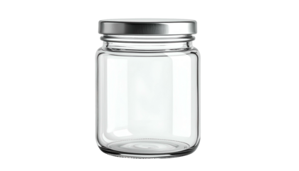 A cylindrical, transparent glass jar with a metallic, screw-on lid, standing against a pure black background. The jar is empty